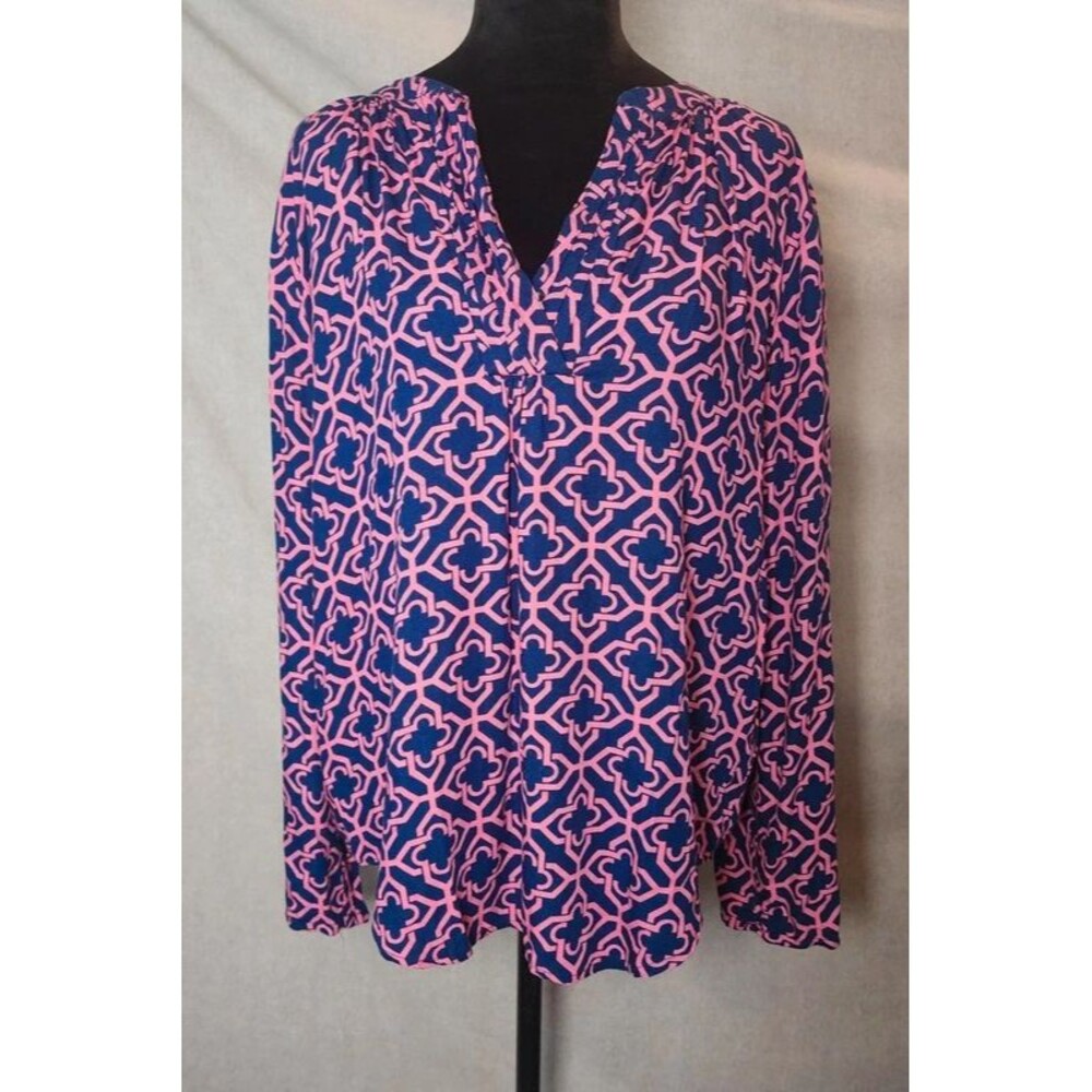 Escapada Women’s Medium Pink & Navy Geometric Print Long Sleeve Blouse Tunic